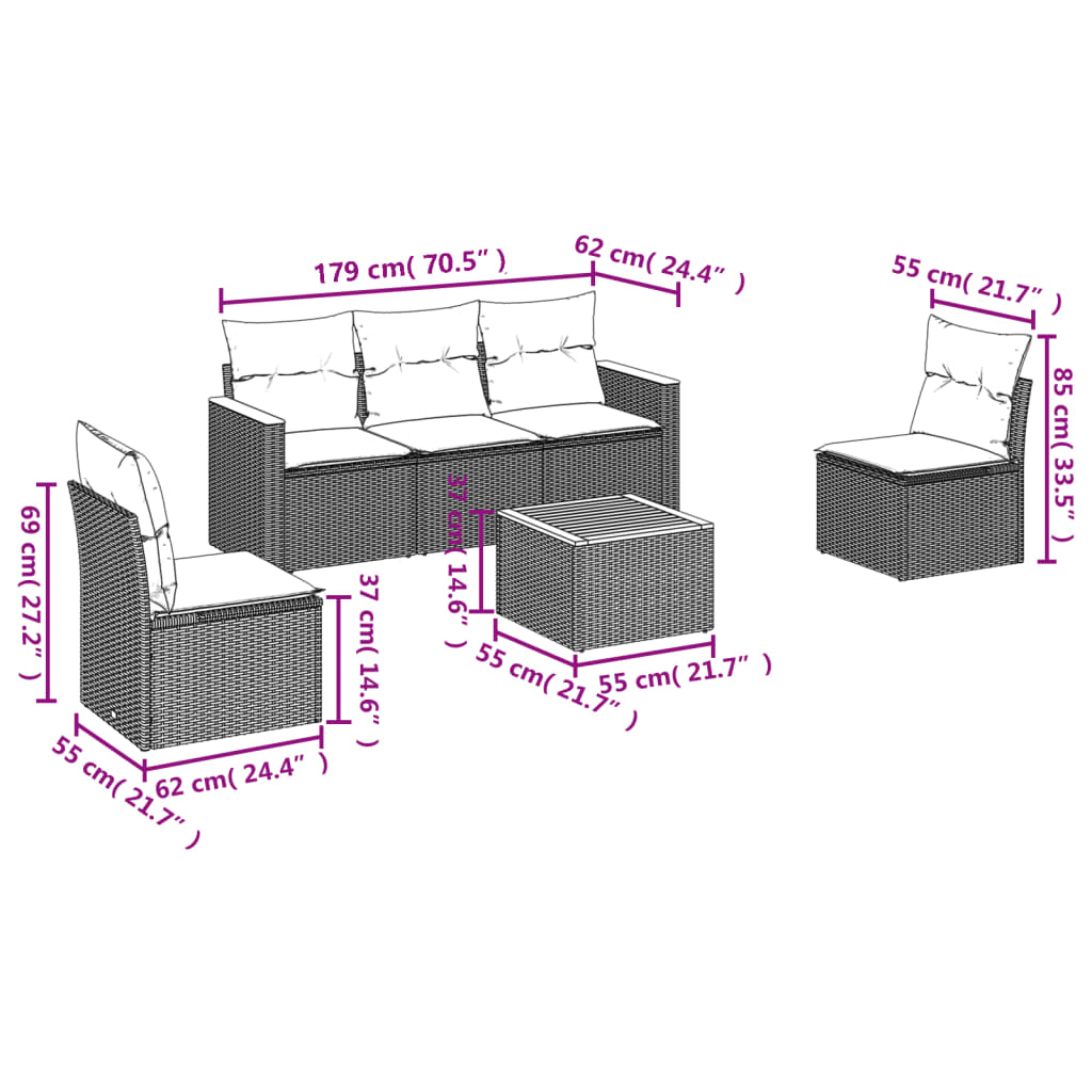 Set mobilier grădină cu perne, 6 piese, gri, poliratan