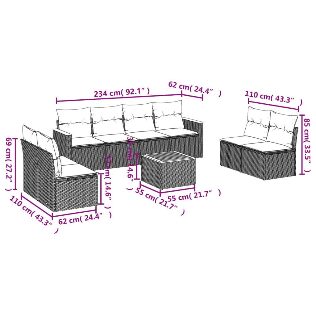 Set mobilier de grădină cu perne, 9 piese, negru, poliratan