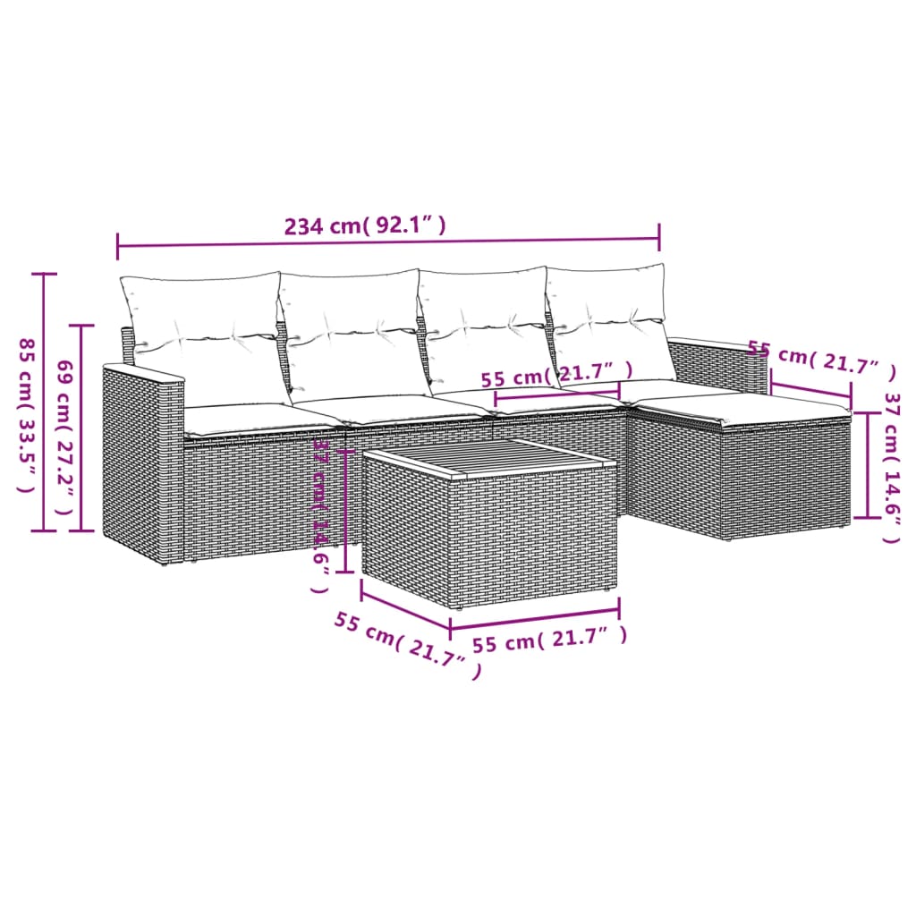 Set mobilier grădină cu perne, 6 piese, gri, poliratan