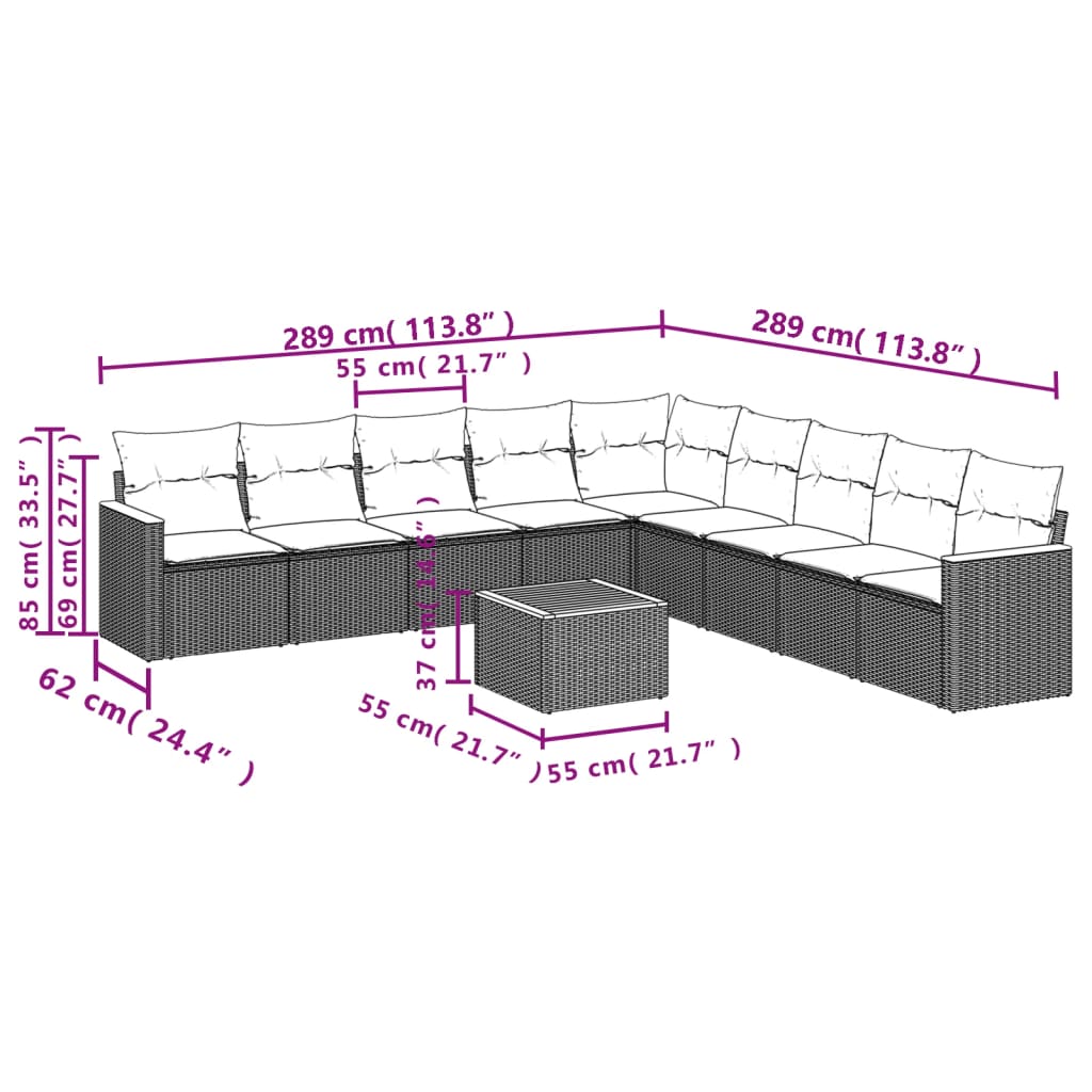 Set mobilier de grădină cu perne, 10 piese, gri, poliratan