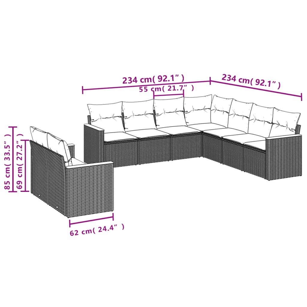 Set canapele de grădină, 9 piese, cu perne, bej, poliratan