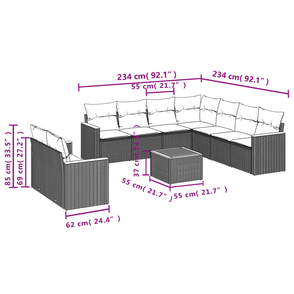 Set mobilier de grădină cu perne, 10 piese, gri, poliratan