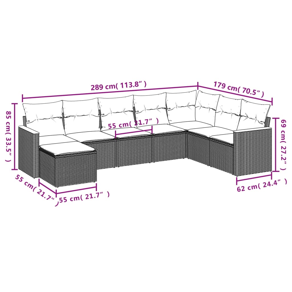 Set mobilier de grădină cu perne, 8 piese, negru, poliratan