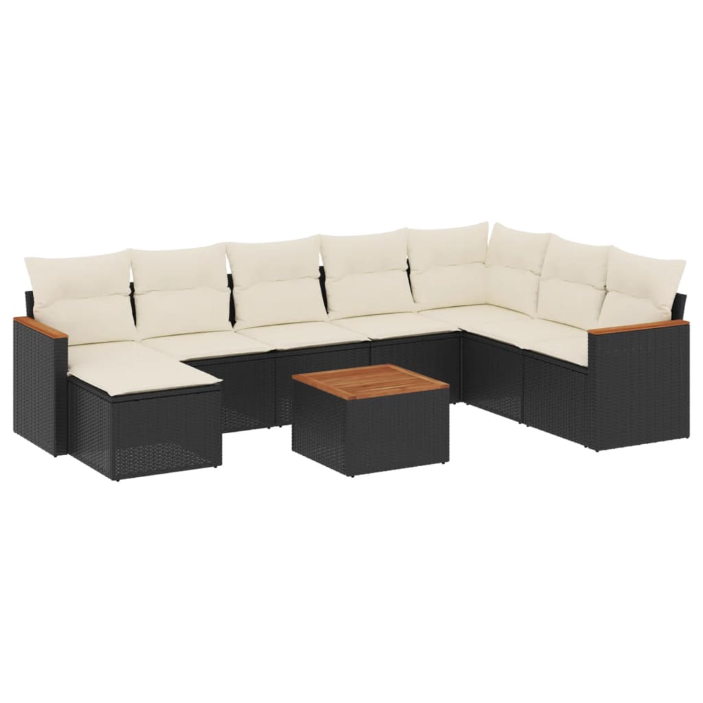 Set mobilier de grădină cu perne, 9 piese, negru, poliratan