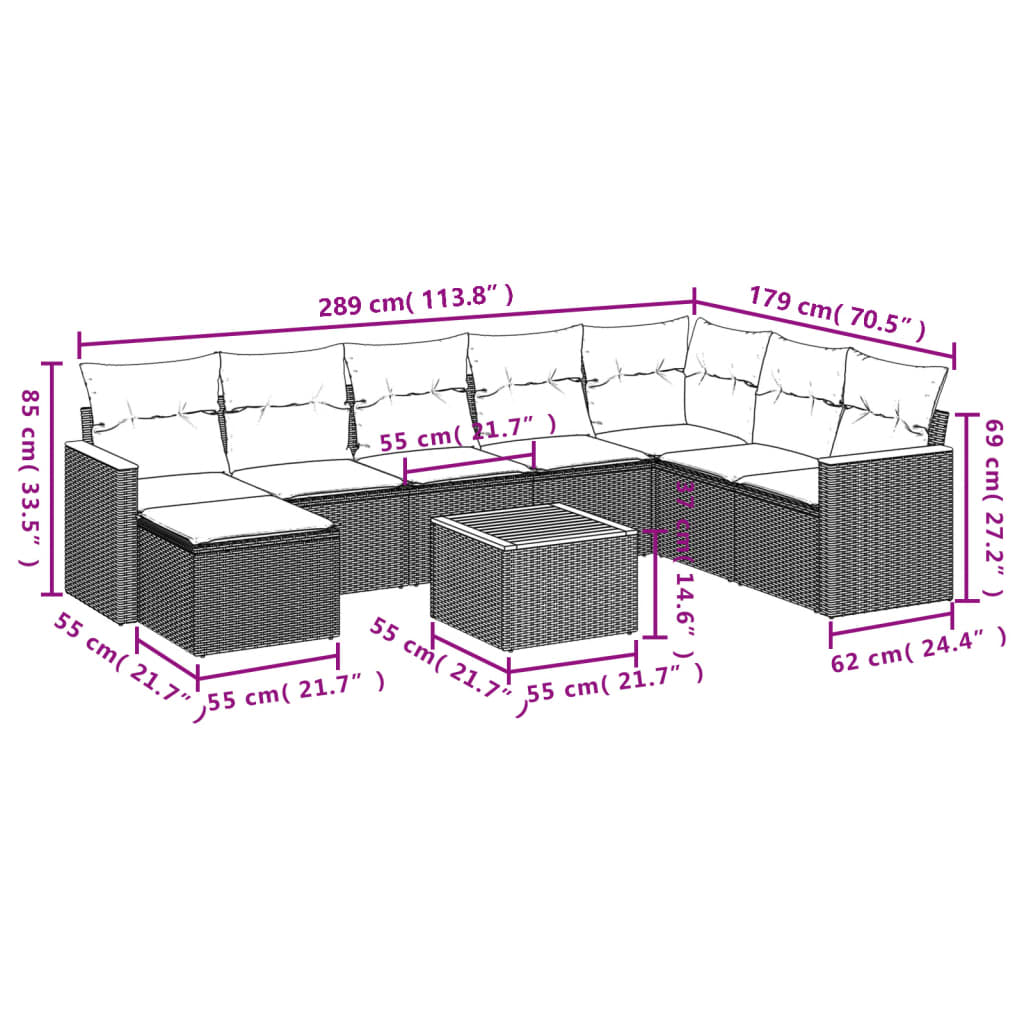 Set mobilier de grădină cu perne, 9 piese, negru, poliratan