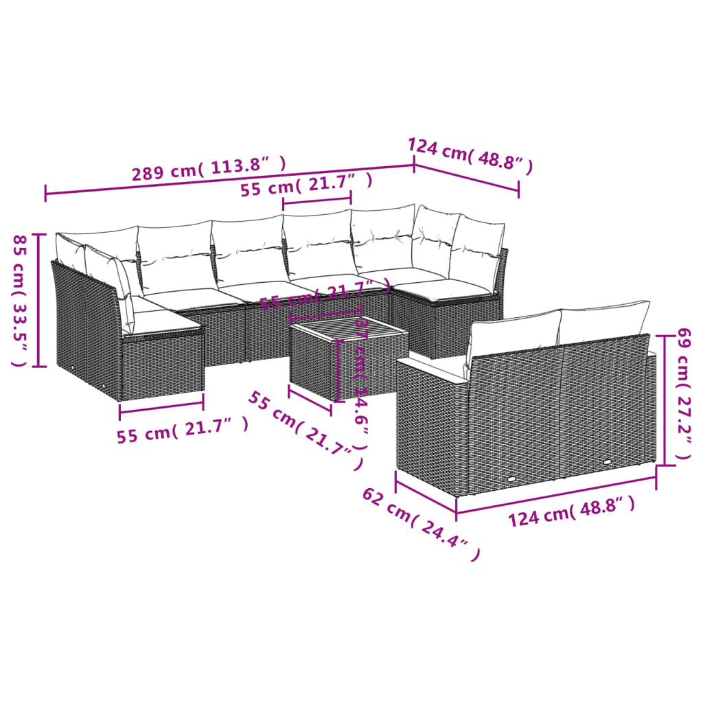 Set mobilier de grădină cu perne, 10 piese, gri, poliratan