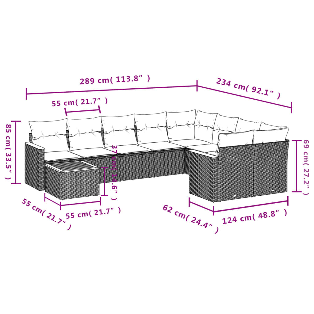 Set mobilier de grădină cu perne, 10 piese, gri, poliratan