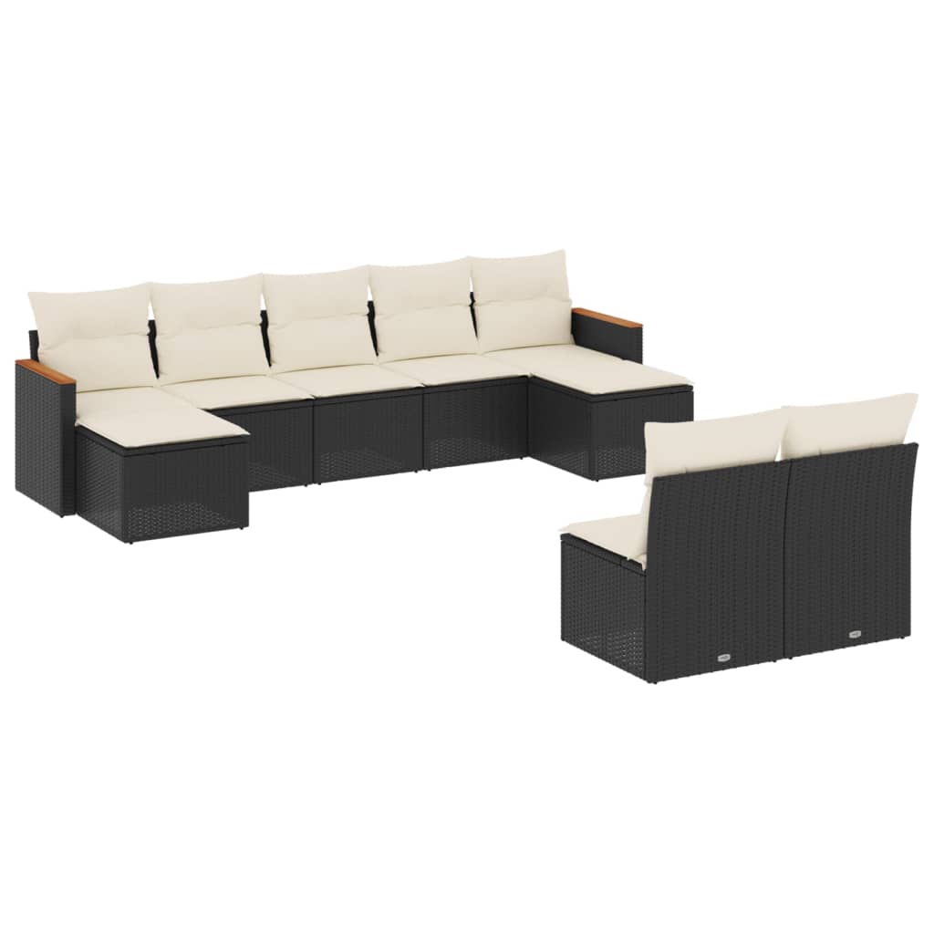 Set mobilier de grădină cu perne, 9 piese, negru, poliratan