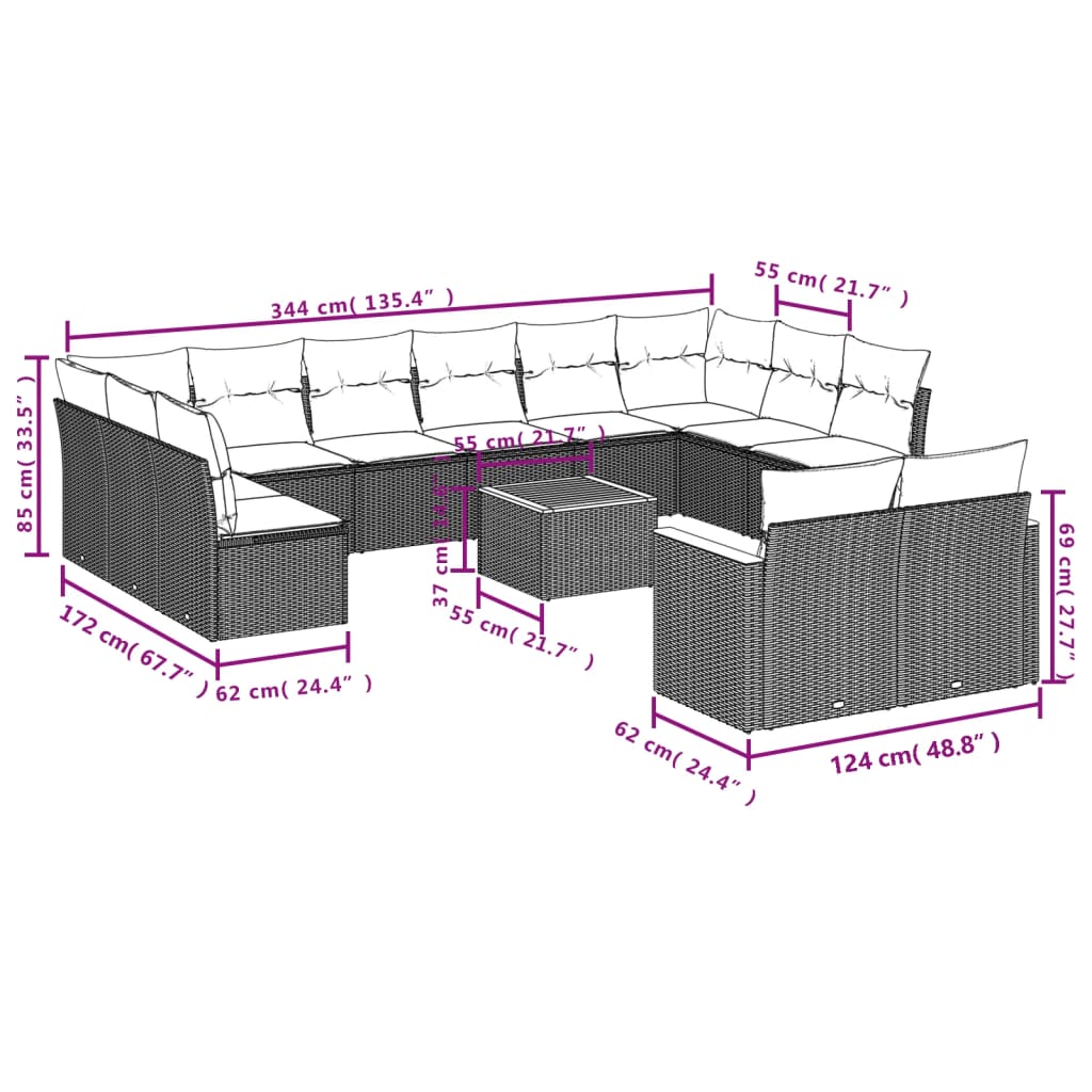 Set mobilier de grădină cu perne, 13 piese, negru, poliratan