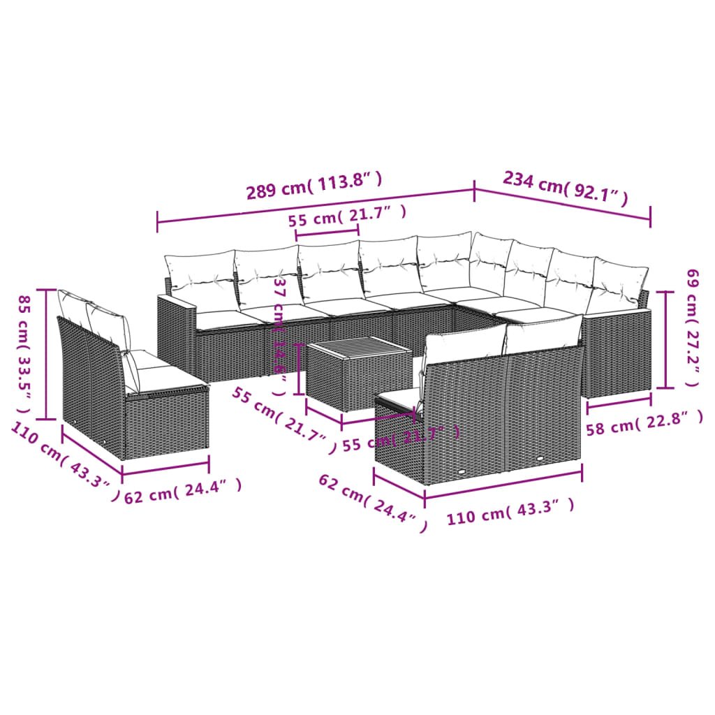 Set mobilier de grădină cu perne, 13 piese, negru, poliratan