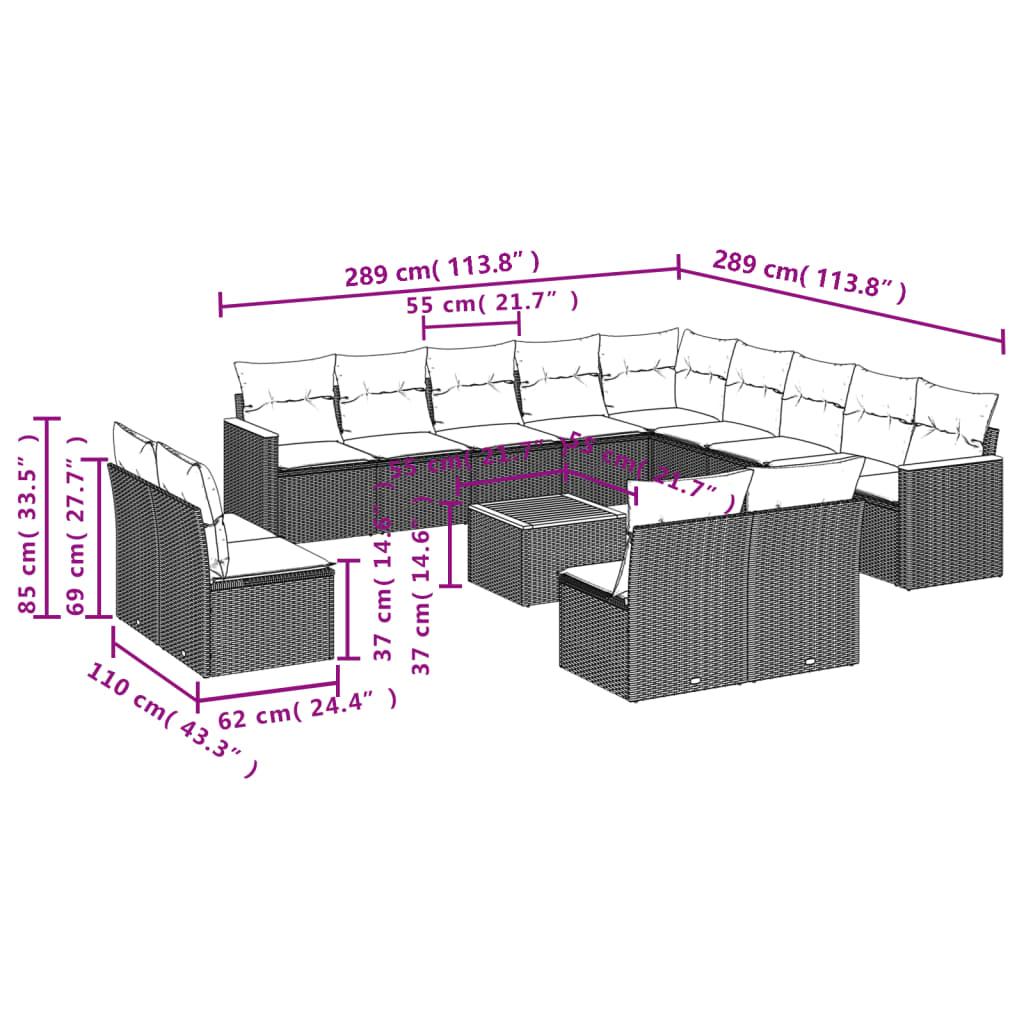 Set mobilier de grădină cu perne, 14 piese, negru, poliratan