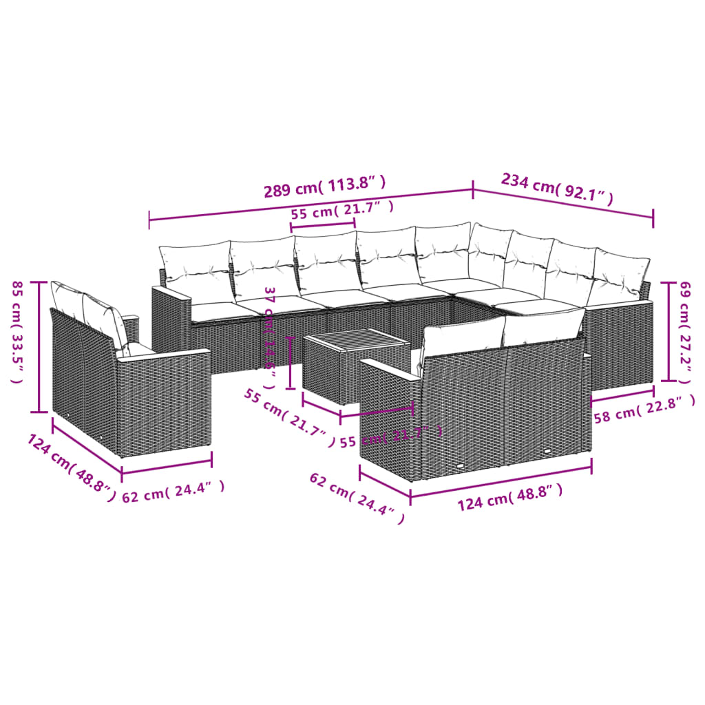 Set mobilier de grădină cu perne, 13 piese, gri, poliratan