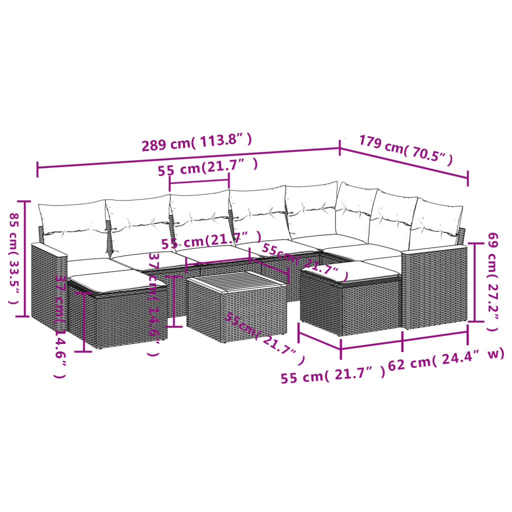 Set mobilier de grădină cu perne, 10 piese, gri, poliratan