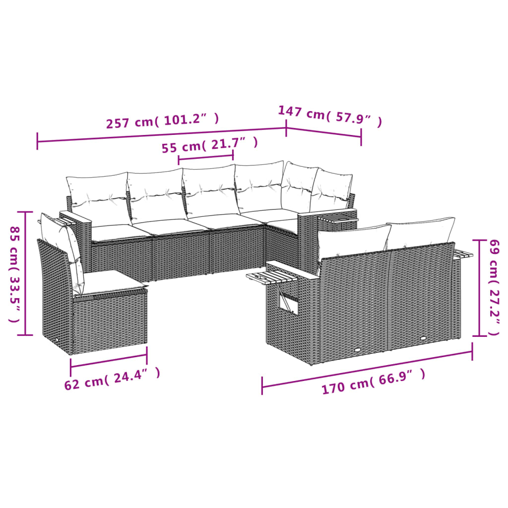 Set canapele de grădină cu perne, 8 piese, gri, poliratan