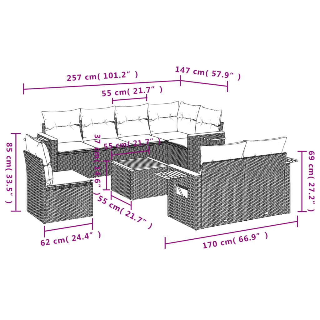 Set canapele de grădină, 9 piese, cu perne, bej, poliratan