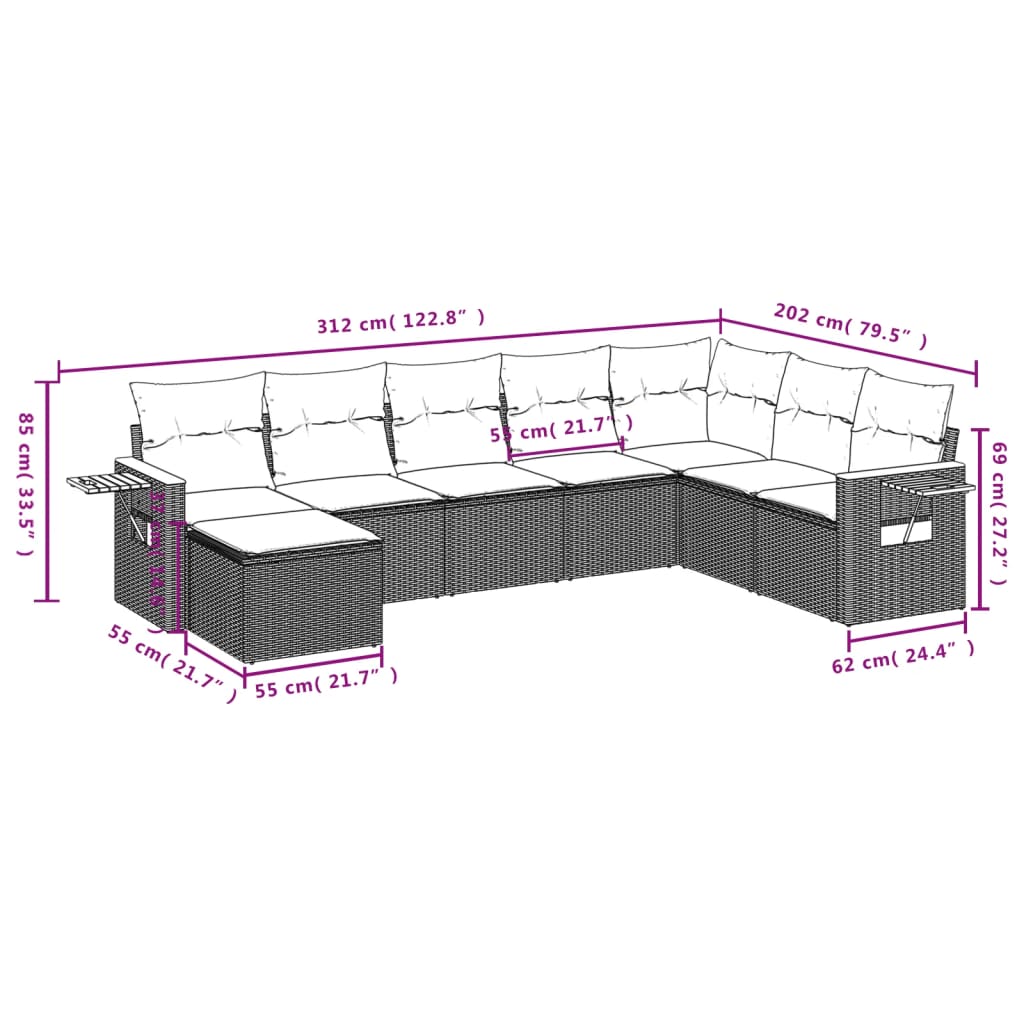 Set mobilier de grădină cu perne, 8 piese, negru, poliratan