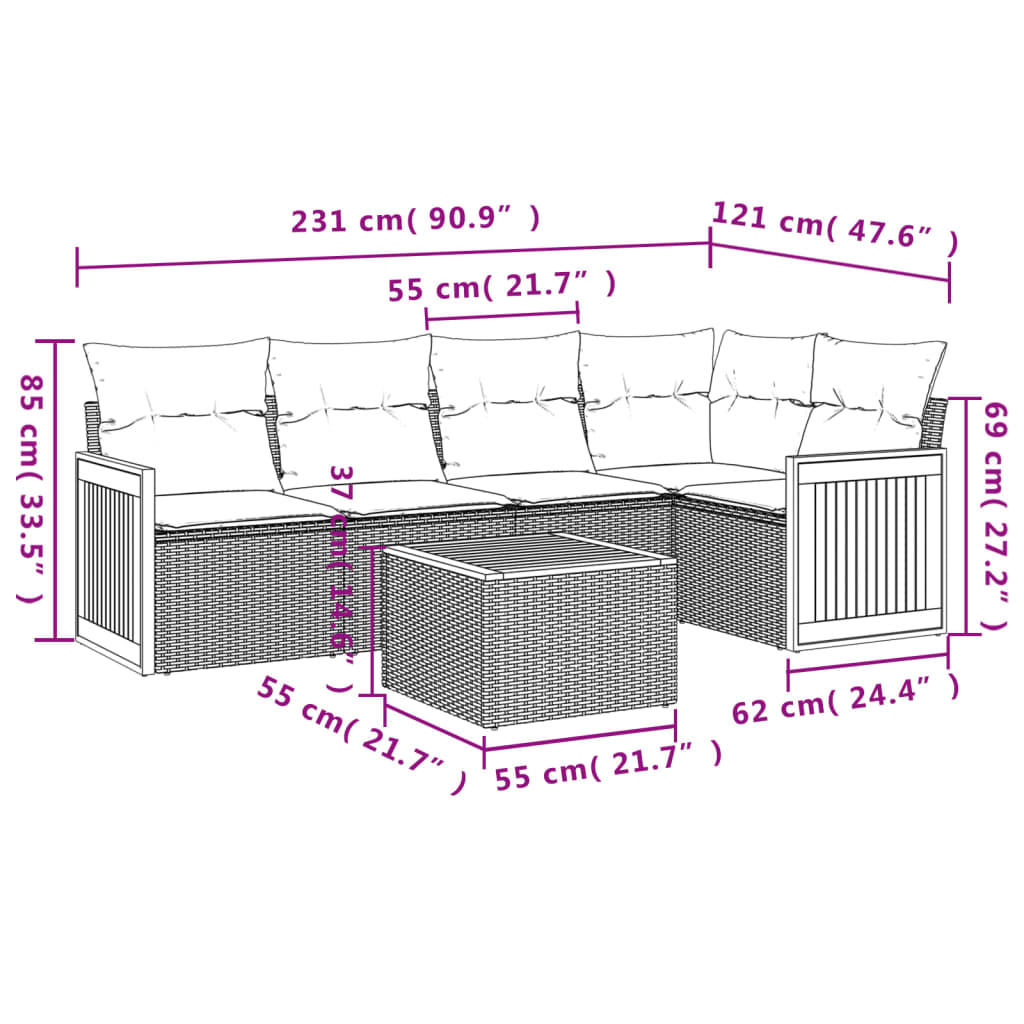 Set mobilier grădină cu perne, 6 piese, gri, poliratan