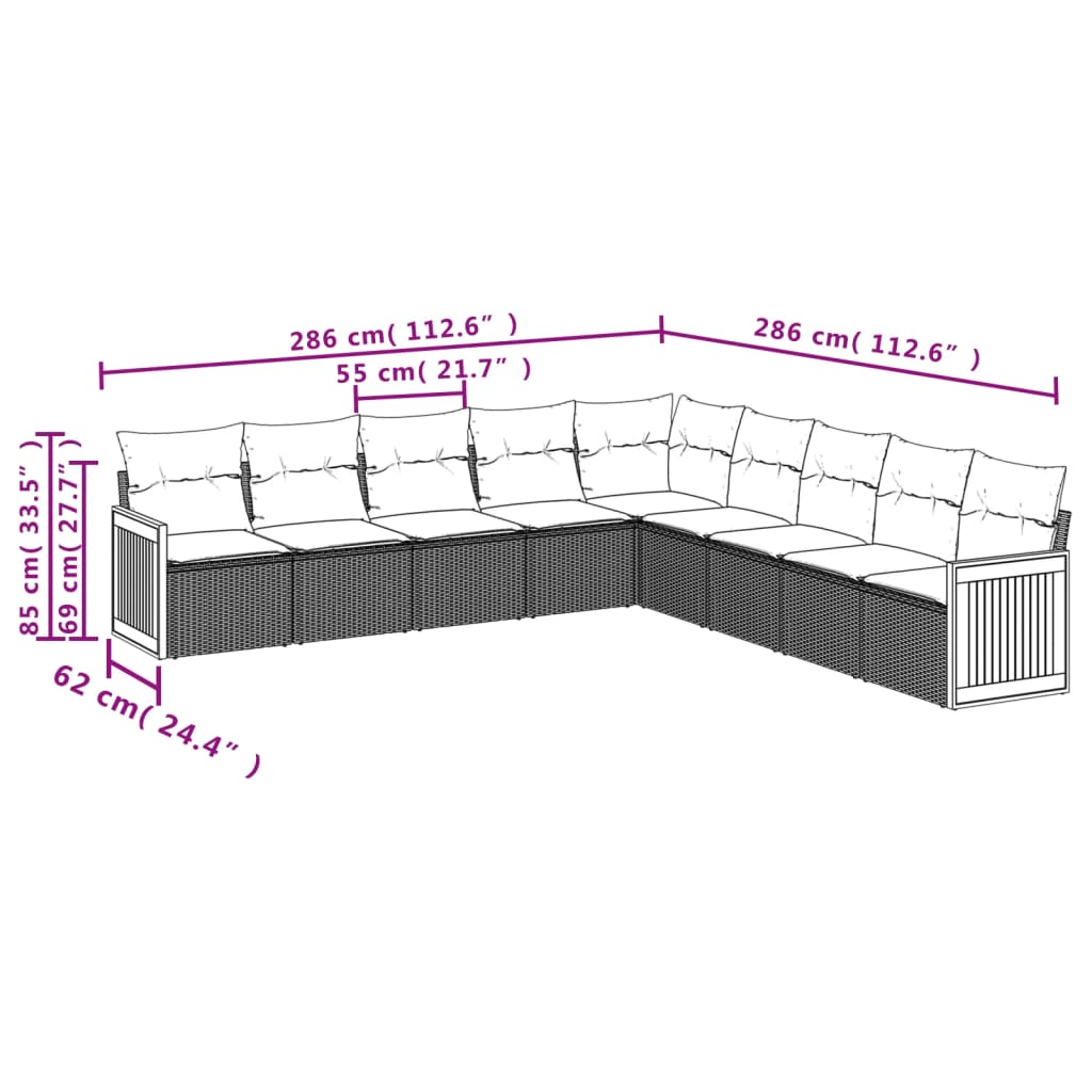 Set canapele de grădină, 9 piese, cu perne, bej, poliratan