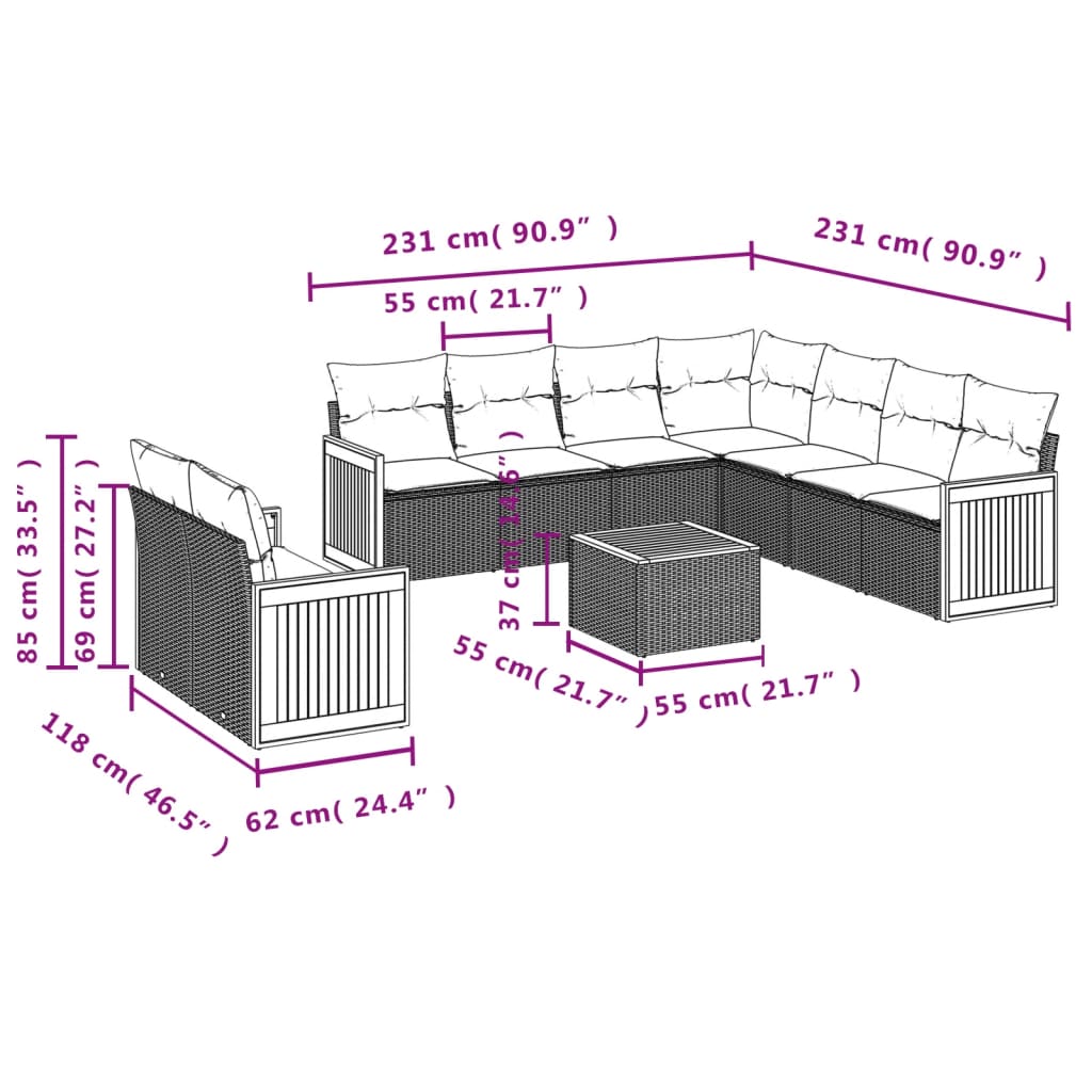 Set mobilier de grădină cu perne, 10 piese, gri, poliratan