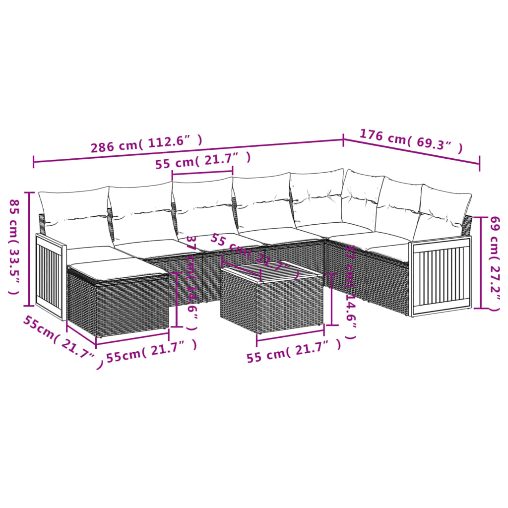 Set mobilier de grădină cu perne, 9 piese, negru, poliratan