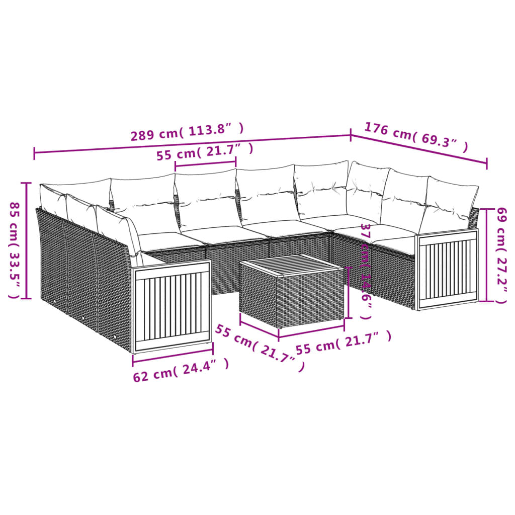 Set mobilier de grădină cu perne, 10 piese, gri, poliratan