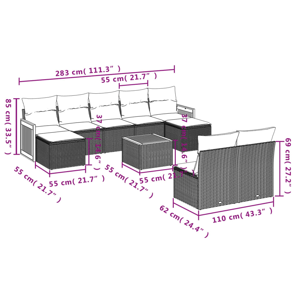 Set mobilier de grădină cu perne, 10 piese, gri, poliratan