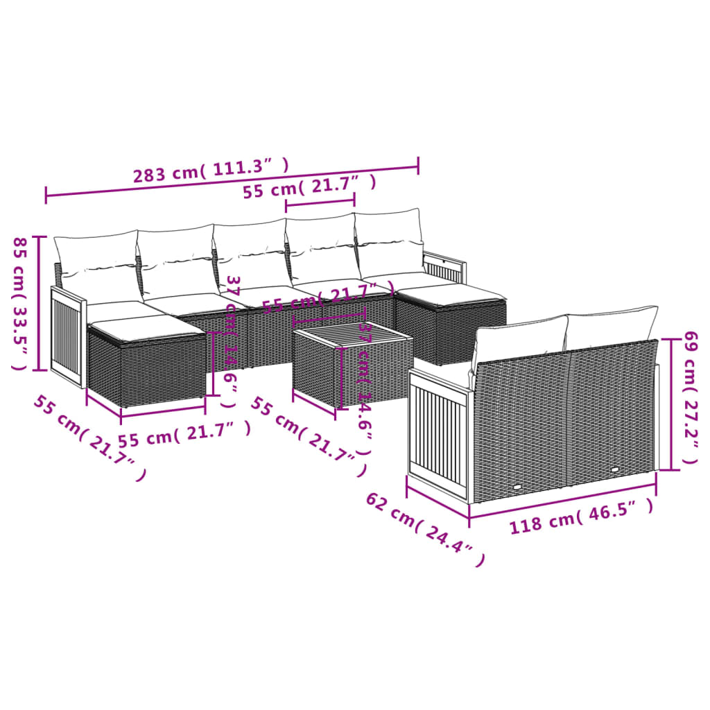 Set mobilier de grădină cu perne, 10 piese, gri, poliratan