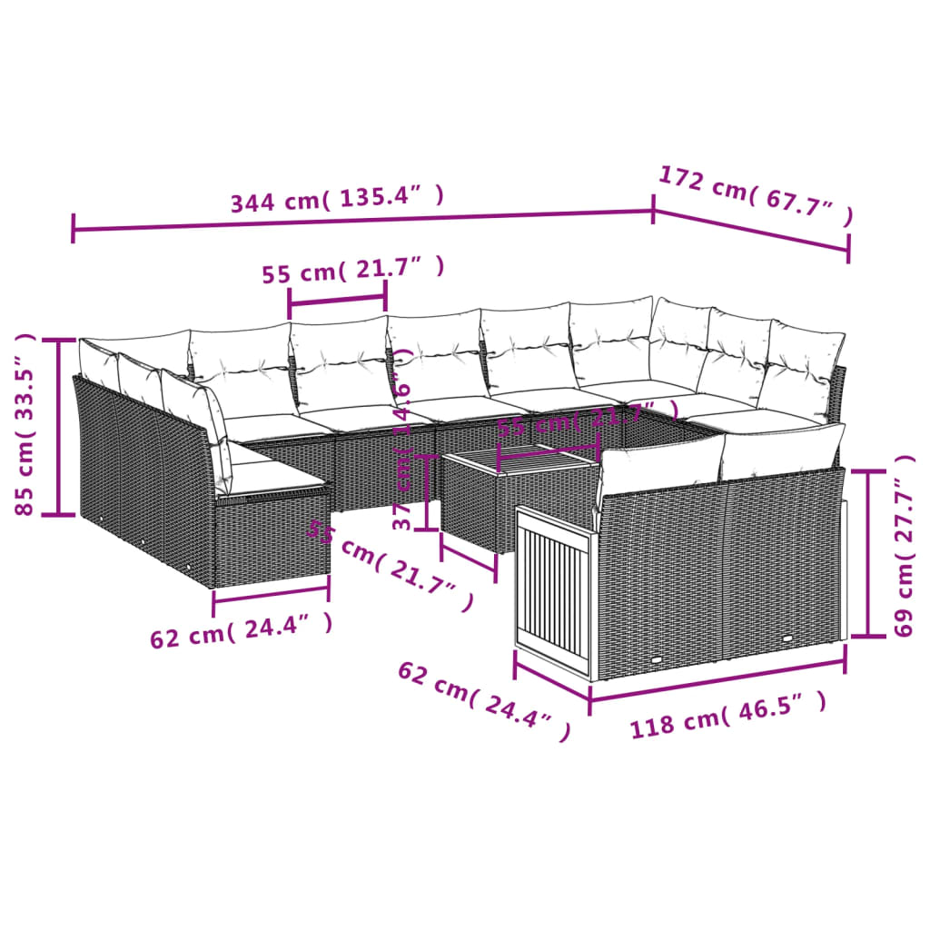 Set mobilier de grădină cu perne, 13 piese, gri, poliratan