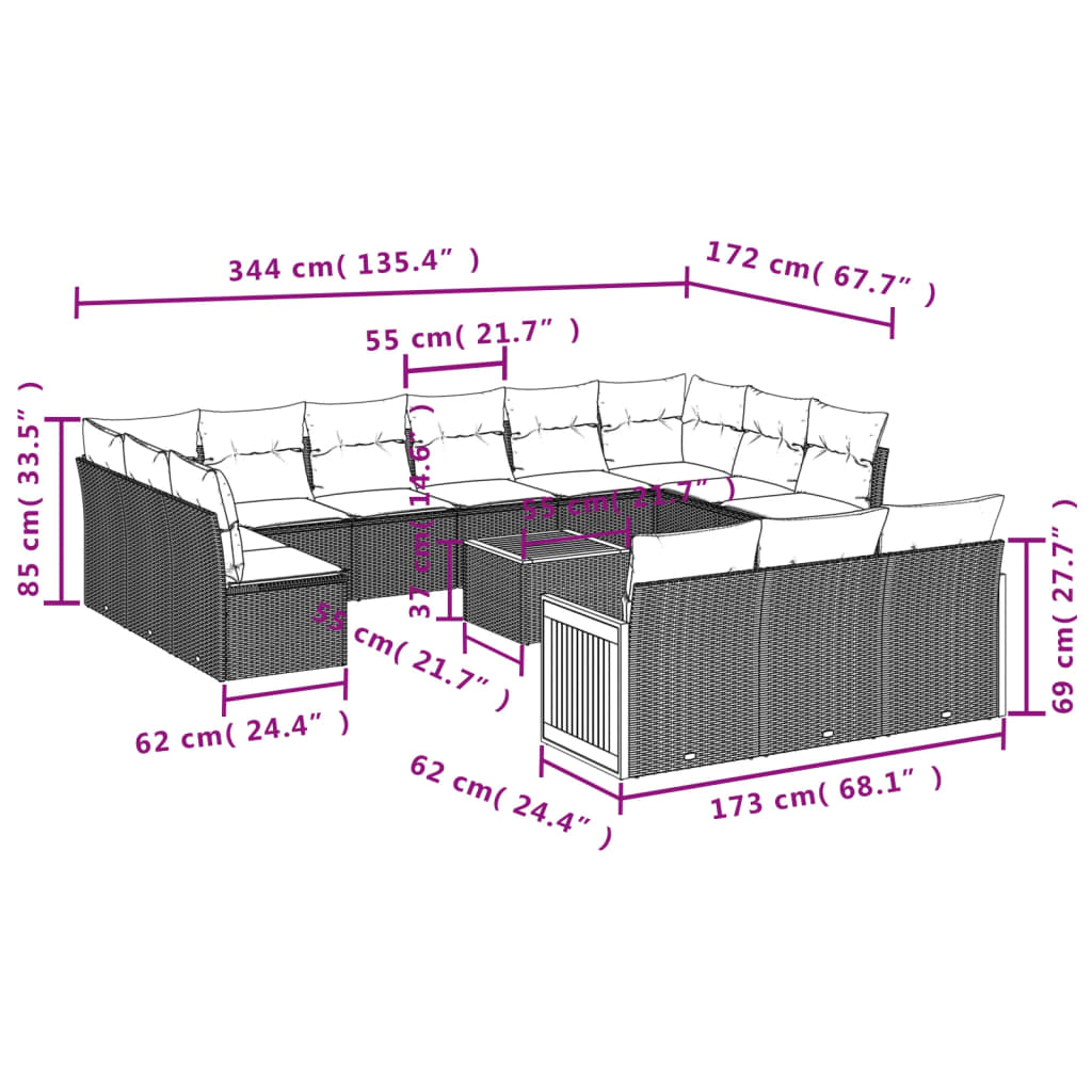 Set mobilier de grădină cu perne, 14 piese, negru, poliratan