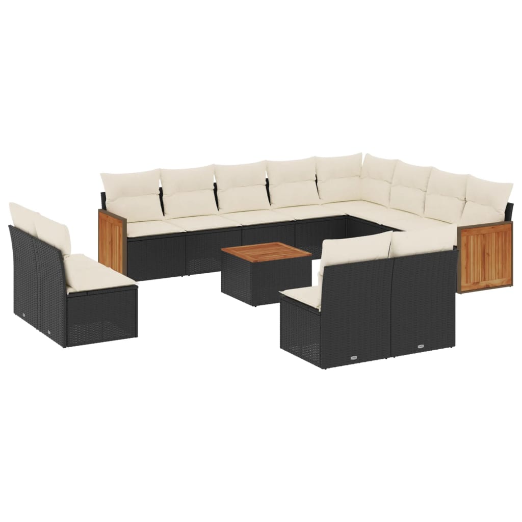 Set mobilier de grădină cu perne, 13 piese, negru, poliratan