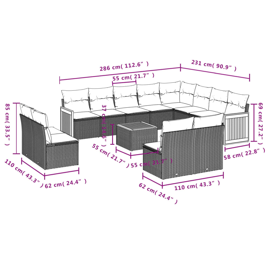 Set mobilier de grădină cu perne, 13 piese, negru, poliratan