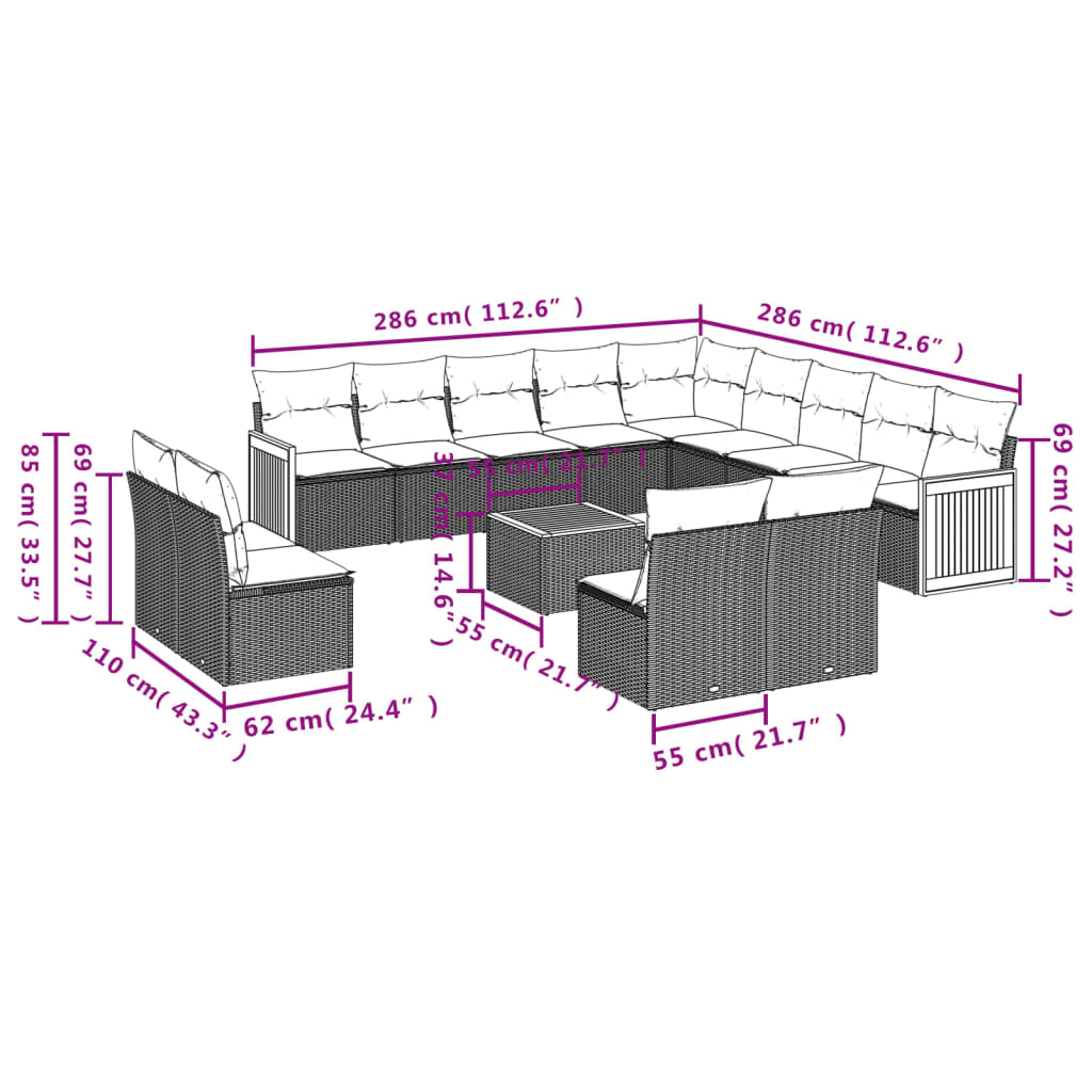 Set mobilier de grădină cu perne, 14 piese, negru, poliratan