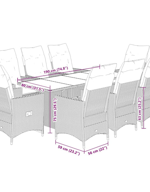Încărcați imaginea în vizualizatorul Galerie, Set de masă pentru grădină, 9 piese, cu perne, bej, poliratan

