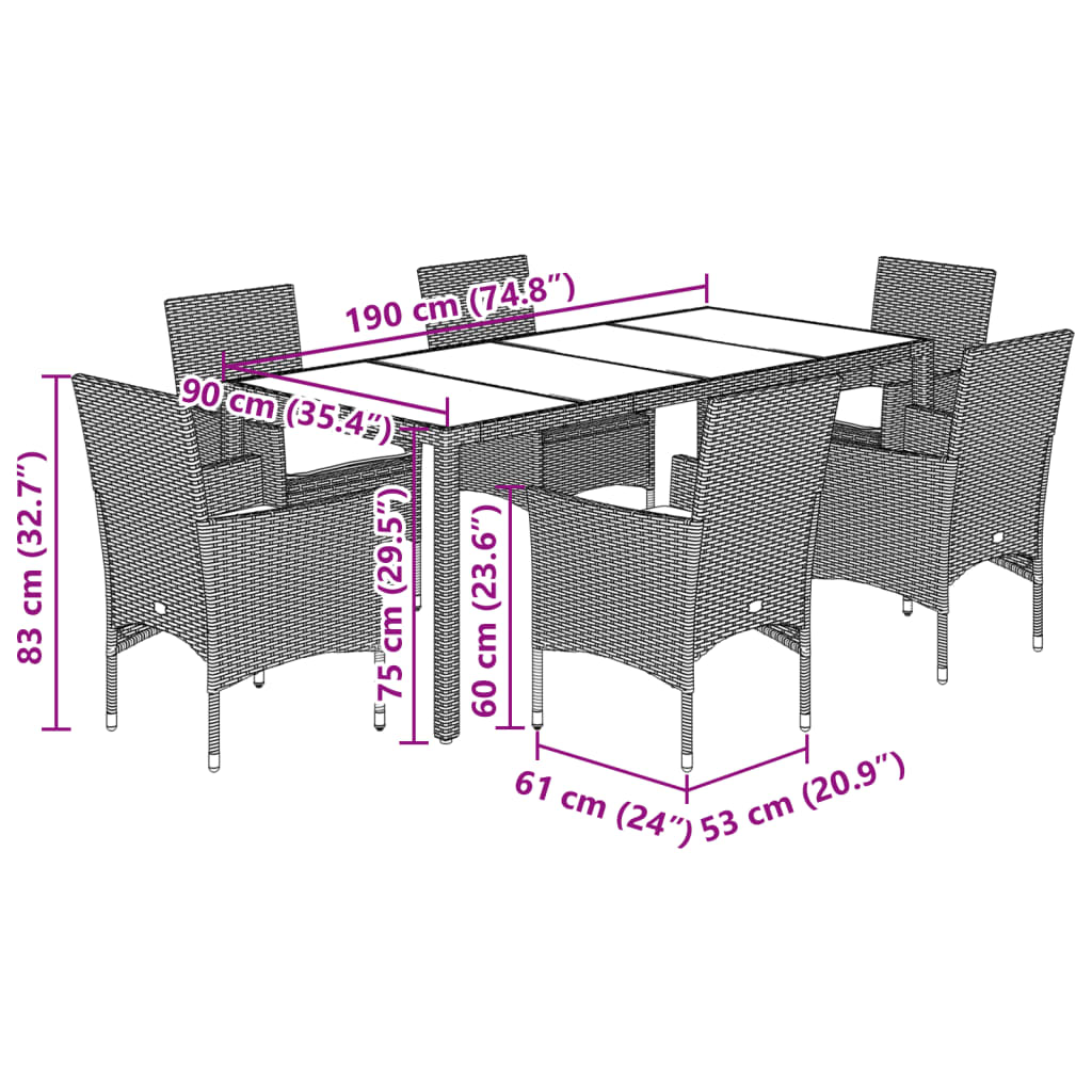 Set mobilier de grădină cu perne 7 piese negru poliratan&sticlă