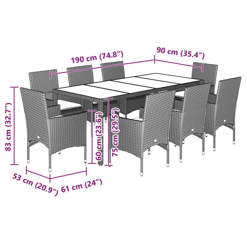 Set mobilier de grădină cu perne 9 piese negru poliratan&sticlă