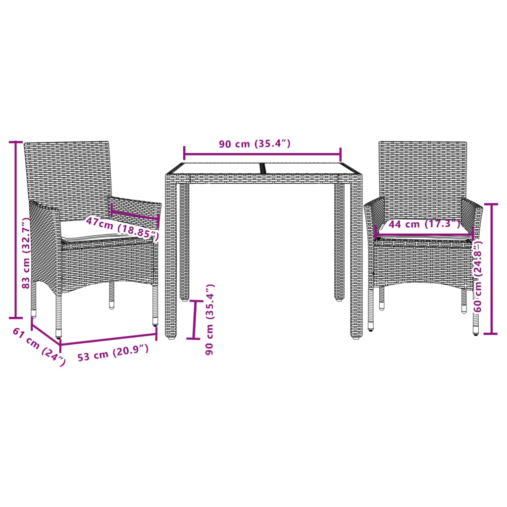 Set mobilier de grădină cu perne 3 piese negru poliratan&sticlă