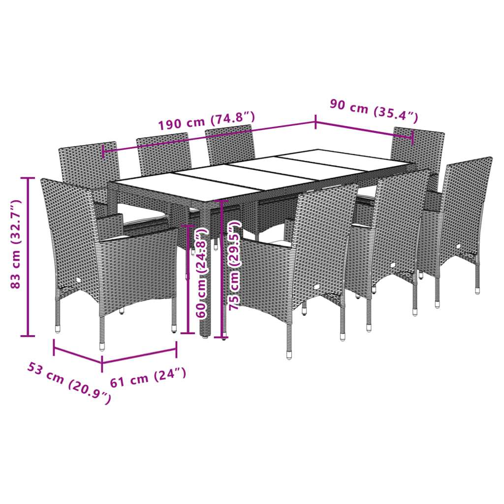 Set mobilier de grădină cu perne 9 piese maro poliratan&sticlă