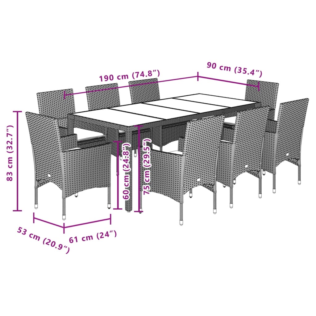 Set mobilier de grădină cu perne 9 piese gri poliratan & sticlă