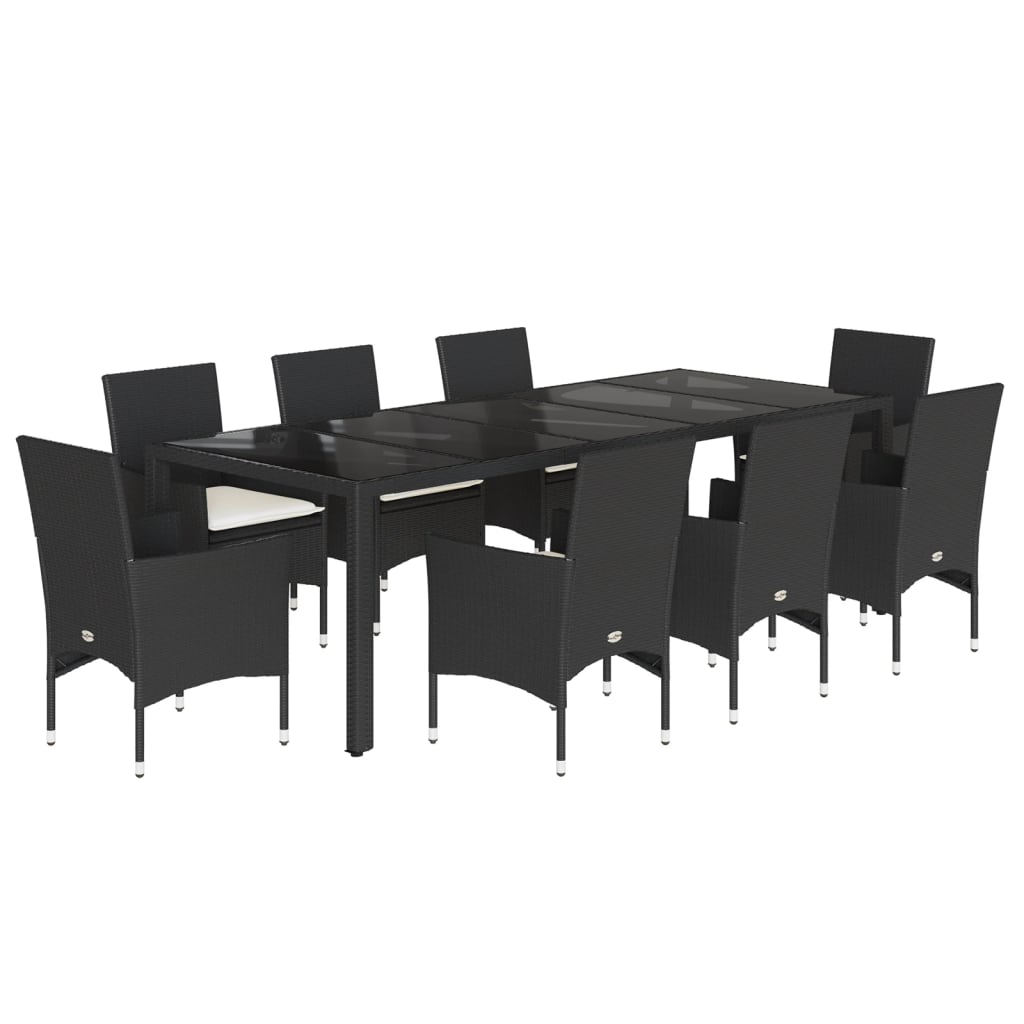 Set mobilier de grădină cu perne 9 piese negru poliratan&sticlă