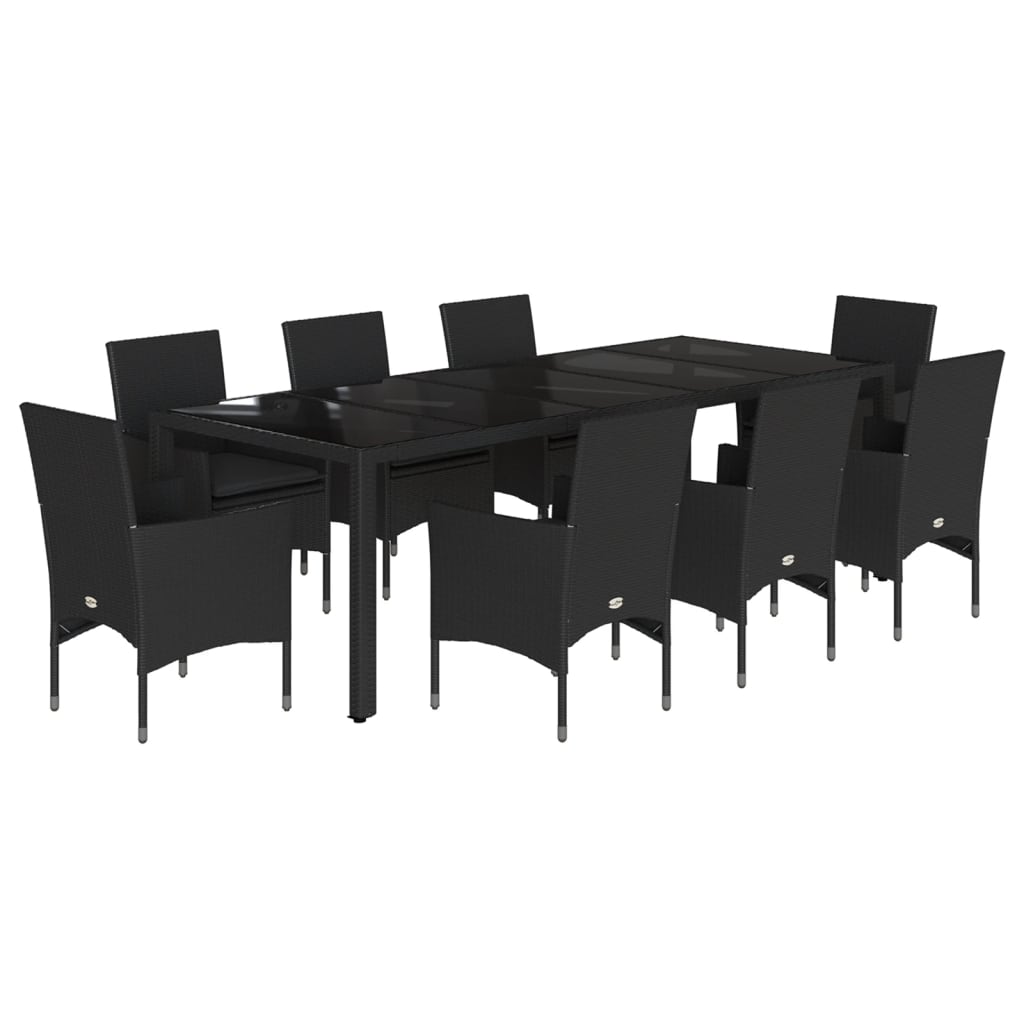 Set mobilier de grădină cu perne 9 piese negru poliratan&sticlă