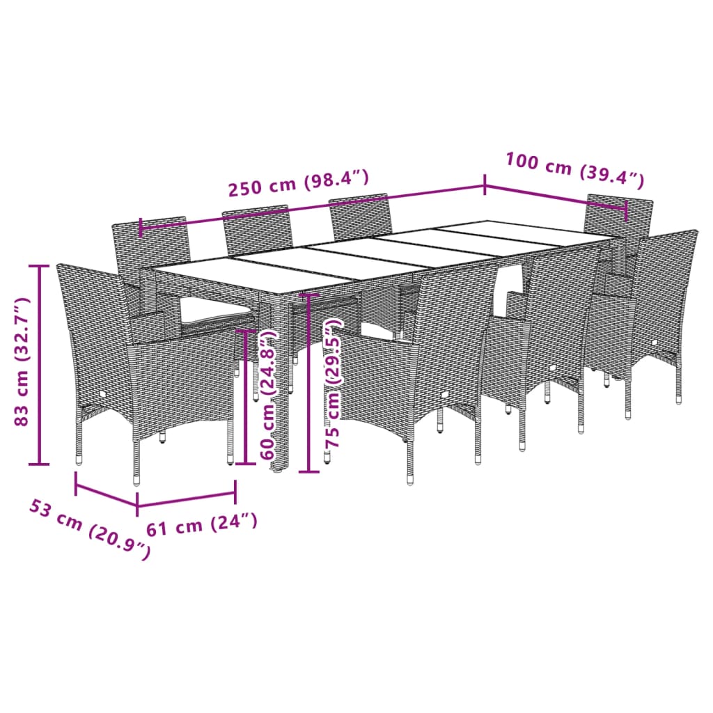 Set mobilier de grădină cu perne 9 piese negru poliratan&sticlă