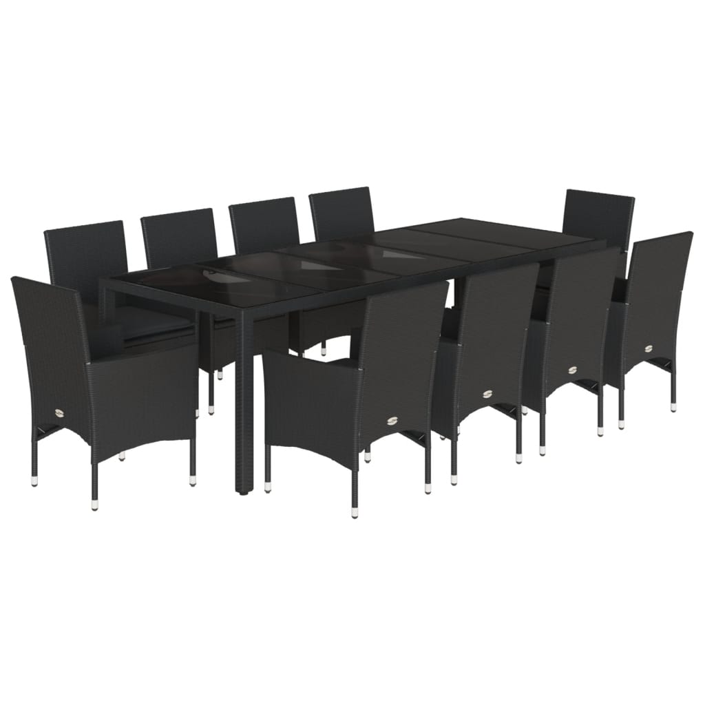 Set mobilier de grădină cu perne 11piese negru poliratan&sticlă