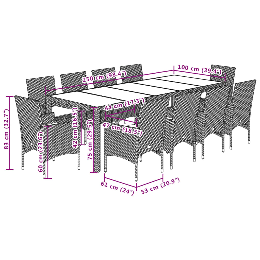 Set mobilier de grădină cu perne 11piese negru poliratan&sticlă