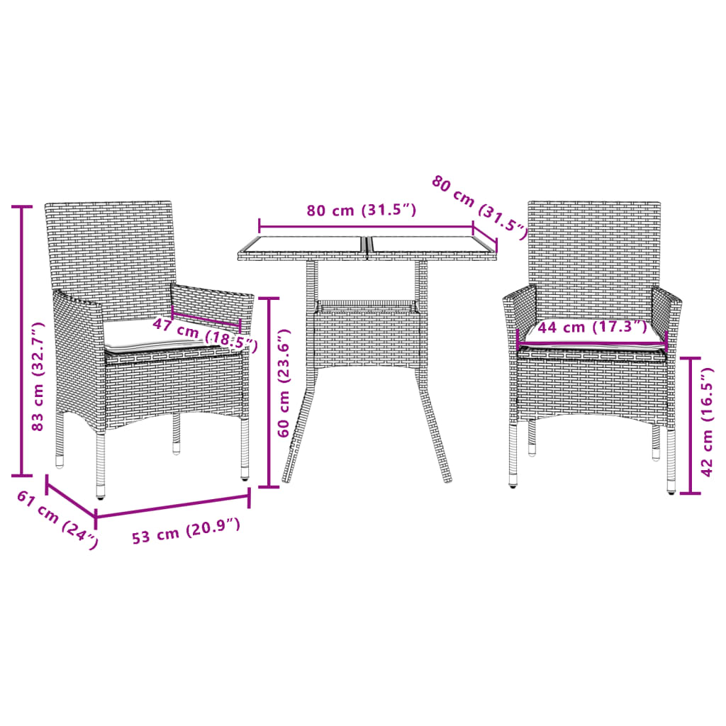 Set mobilier de grădină cu perne 3 piese negru poliratan&sticlă