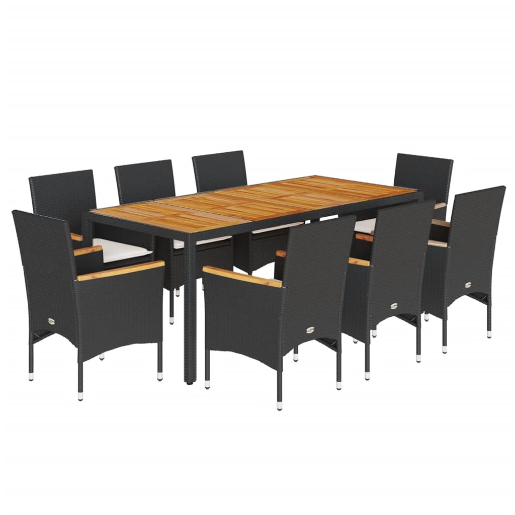 Set mobilier grădină perne 9 piese negru poliratan/lemn acacia