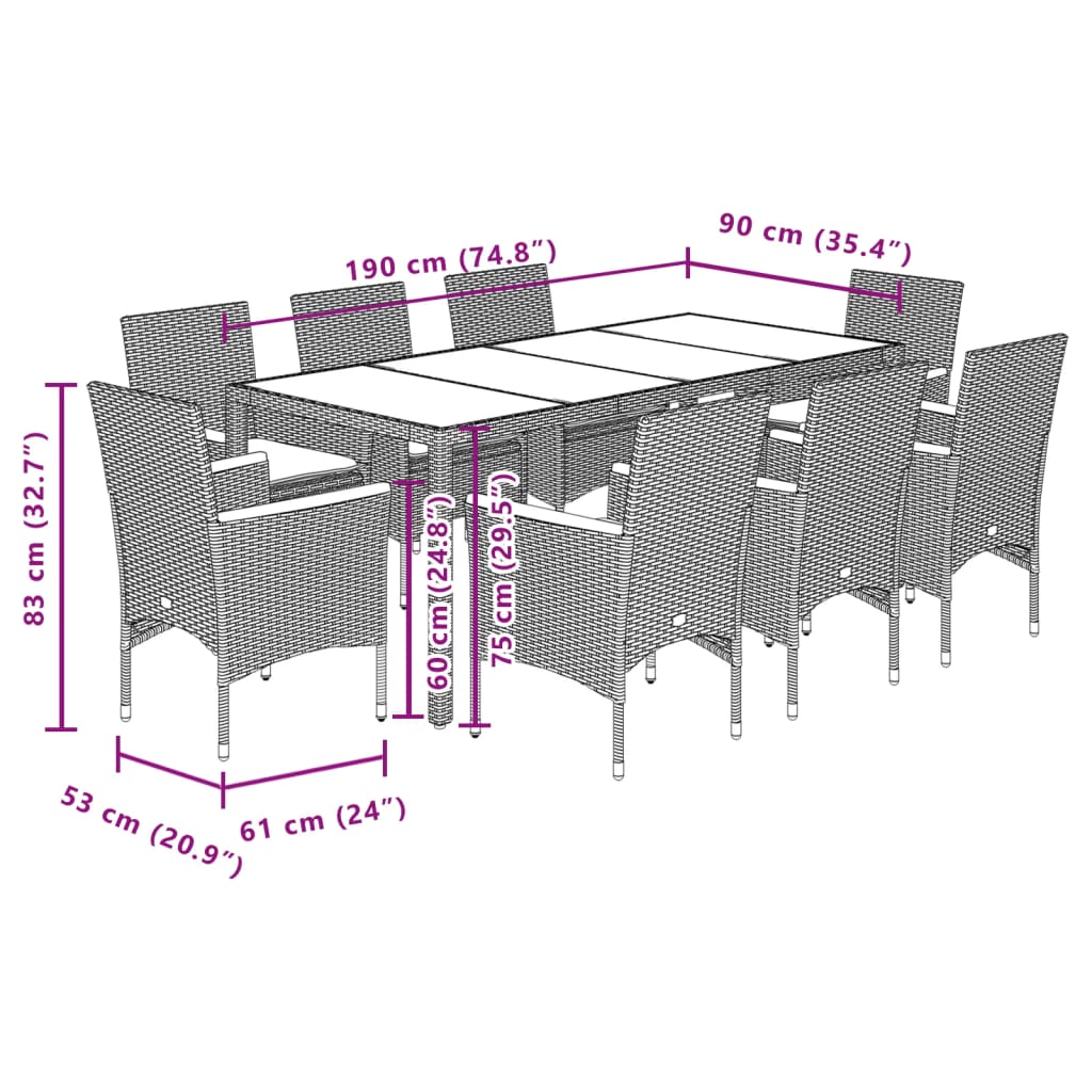 Set mobilier grădină perne 9 piese negru poliratan/lemn acacia