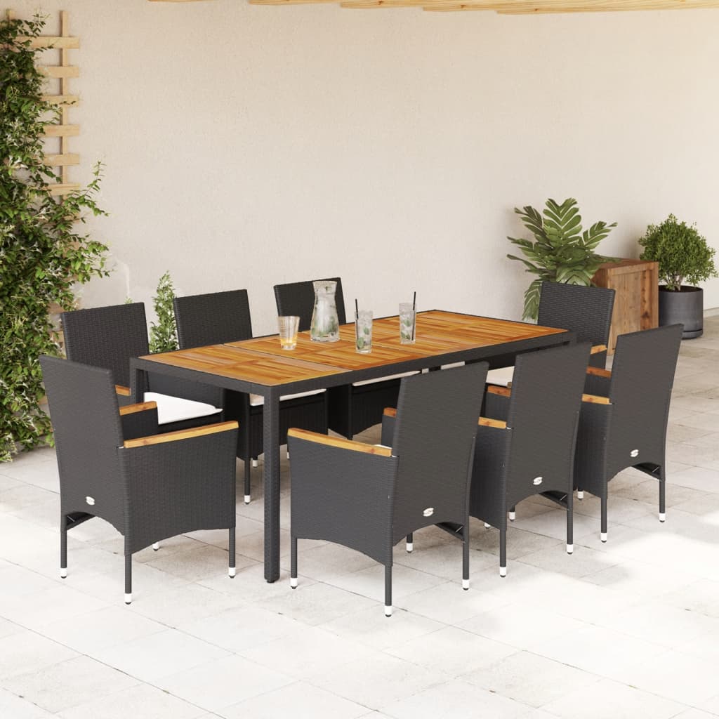 Set mobilier grădină perne 9 piese negru poliratan/lemn acacia