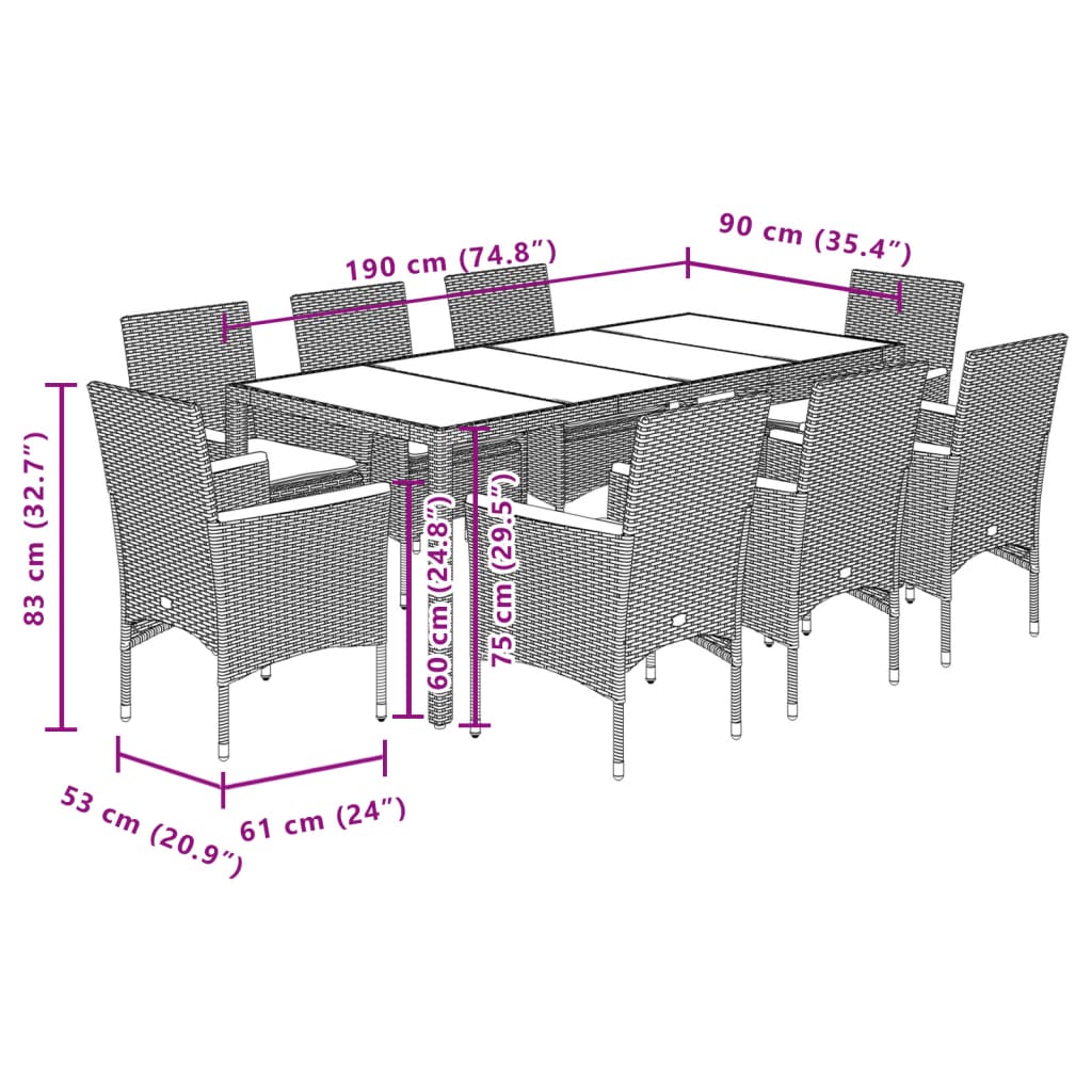 Set mobilier grădină cu perne 9 piese bej poliratan/lemn acacia