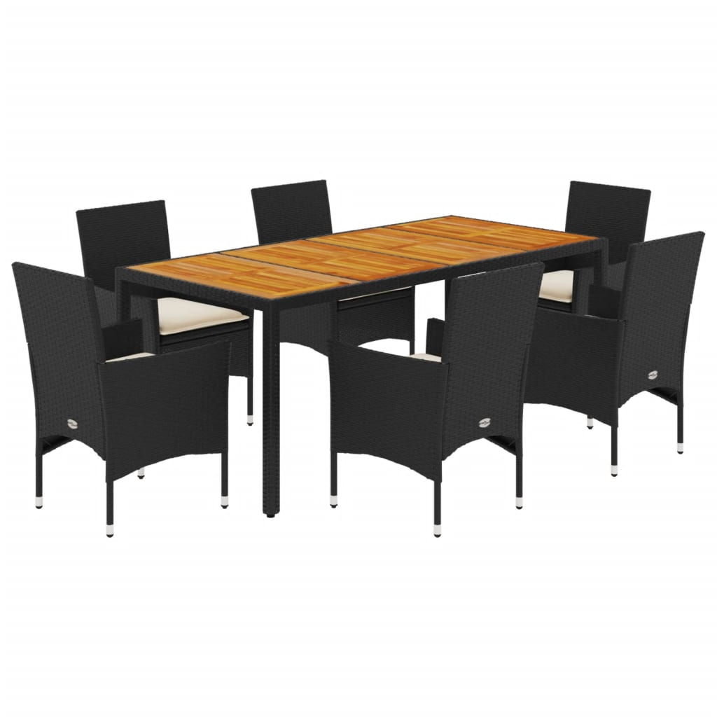 Set mobilier grădină perne 7 piese negru poliratan/lemn acacia