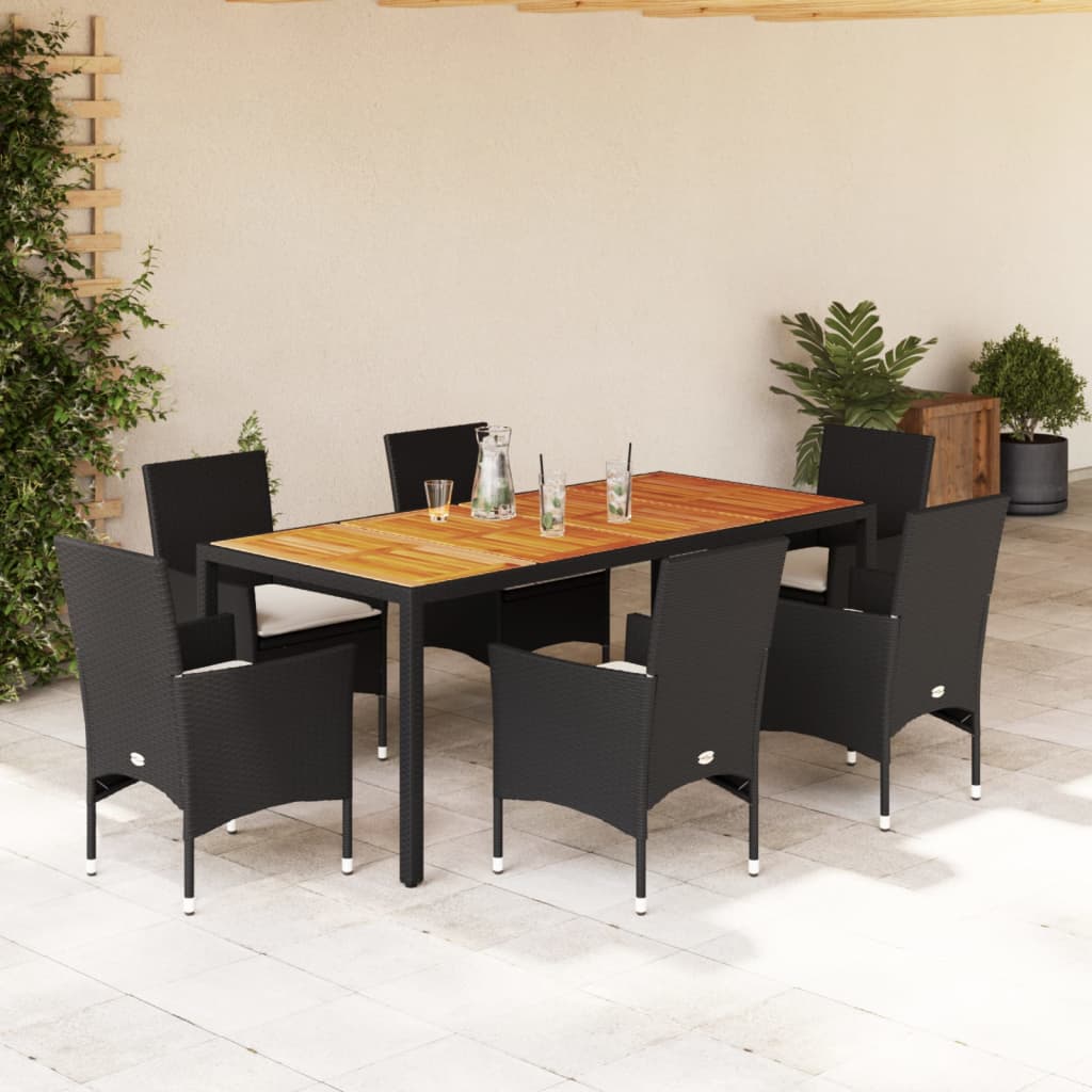 Set mobilier grădină perne 7 piese negru poliratan/lemn acacia